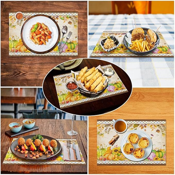 Fall Pumpkin Kitchen Placemats Vintage Rustic Farmhouse Aztec Pumpkins Maple Leaves Sunflowers Harvest Thanksgiving Placemats Table Kitchen Dining Party 12x18 Inch Set of 4