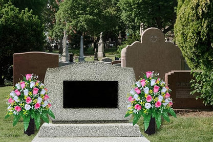 Artificial Cemetery Flowers, Gravesite Decoration Roses, Memorial Bouquets with Cemetery Vase, Vibrant and Long-Lasting Colors (Pink+White, 2 Bundles)