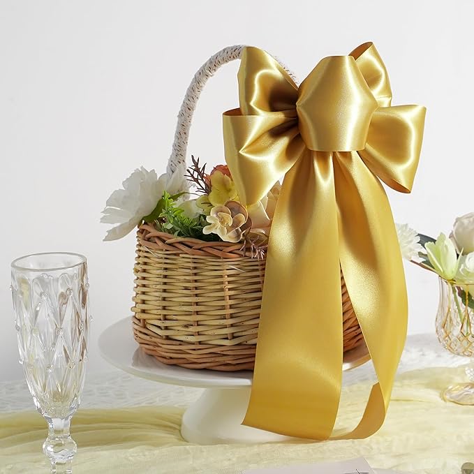 MEEDEE Gold Satin 3 Inch Ribbon Lux Double Faced Satin Ribbon Christmas by 10 Yards Tree Ribbons Wide Gold Ribbons for Christmas Tree Decoration, Weddings, Flower Bouquet