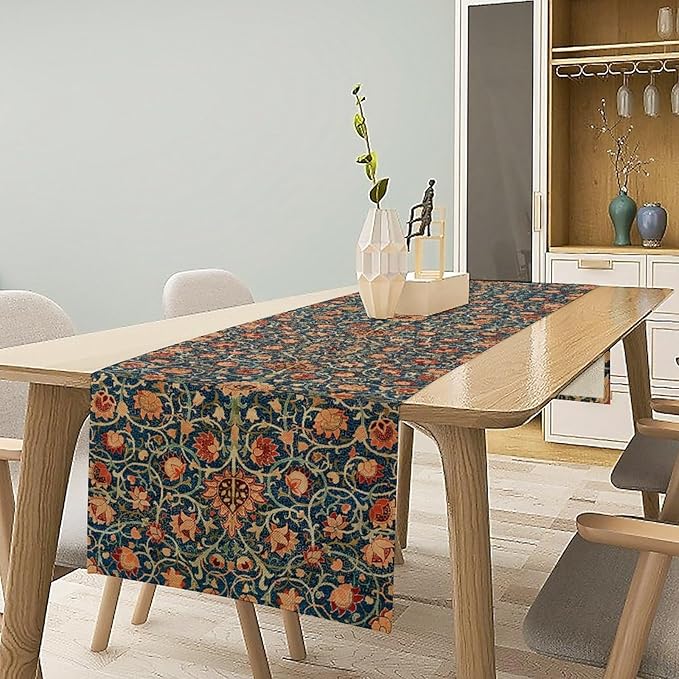 William Morris Table Runner, Boho Rustic Ethnic Flower Original Design Print Table Runner for Home Party Dining Room Kitchen Decor 13x120 Inch