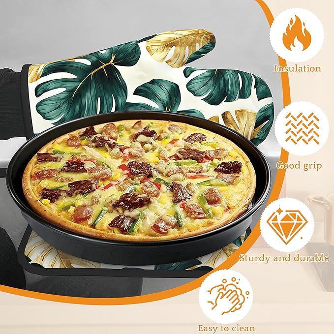 Palm Leaf Golden Tropical Oven Mitts and Pot Holders Set,Kitchen Decor Heat Resistant Non Slip Hot Pads and Oven Mitt for Chef Cooking Baking BBQ Mom Girl Gifts(4 Piece Set)