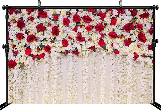 MAEQLQLM 5x3ft Wedding Flower Wall Backdrop Romantic Red White Floral Wall with Hanging Flowers Photography Background for Wedding Party Decor Bridal Shower Photo Booth Props