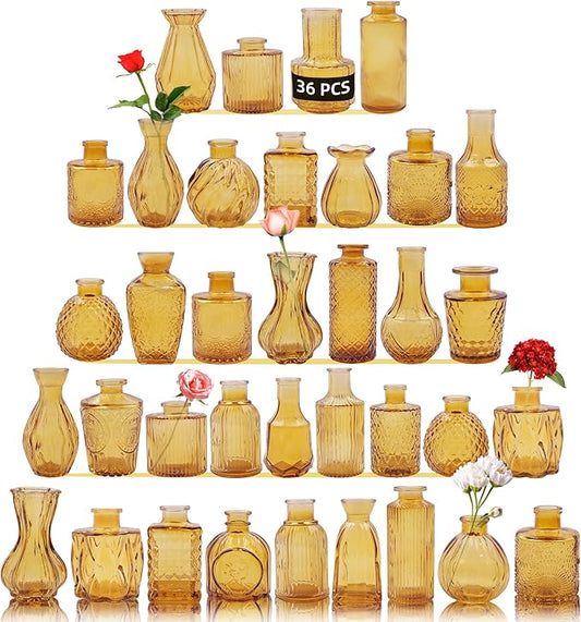 36Pcs Glass Bud Vases Set, Small Flower Vintage Vases for Centerpieces, Mini Vase in Bulk for Rustic Wedding, Party, Birthday Party, Festival Table Decorations and Home Decor, Amber