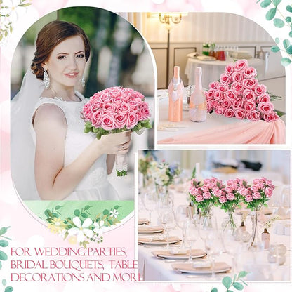 Hotop 120 Pcs Roses Artificial Flowers in Bulk,Long Stem Artificial Flower Bouquet,Silk Real Touch Fake Rose for Wedding Party Table Centerpieces Decor Valentines Gifts(Bright Pink)