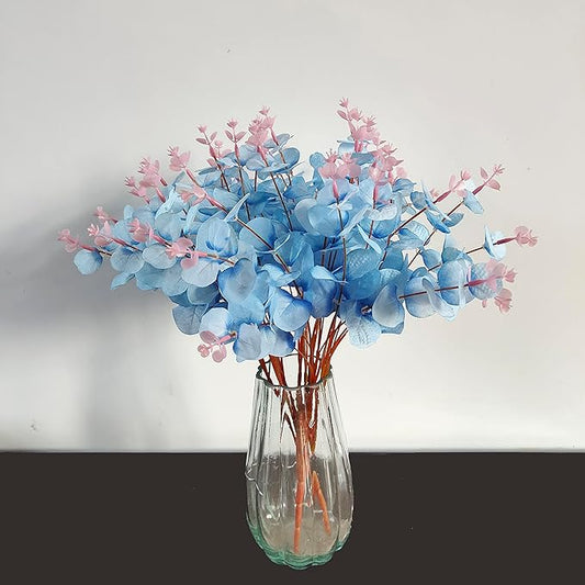 19" Faux Flowers Artificial Silk Silver Dollar Eucalyptus Stems Fake Plant for Vase Home Wedding Decor 3 Pcs (Blue)
