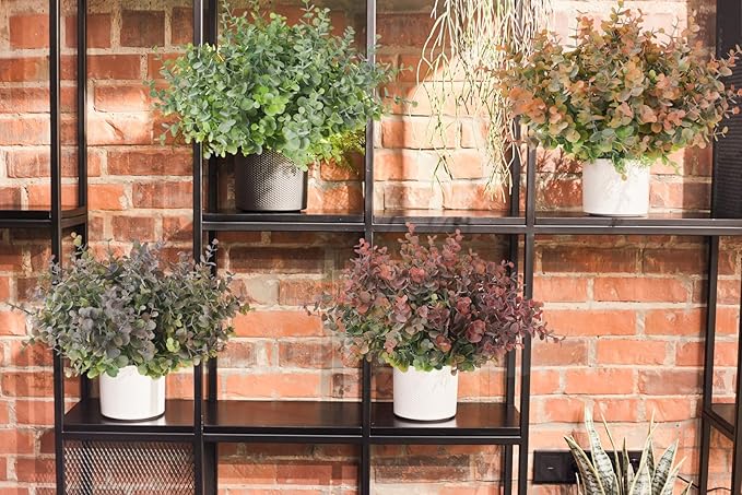 RECUTMS 8 Bundles Artificial Greenery Plants Stems Outdoor Fake Eucalyptus Plants Boxwood Bushes for Farmhouse Bathroom Office Vase Centerpiece Indoor Outdoor Decoration(Dusty Red)
