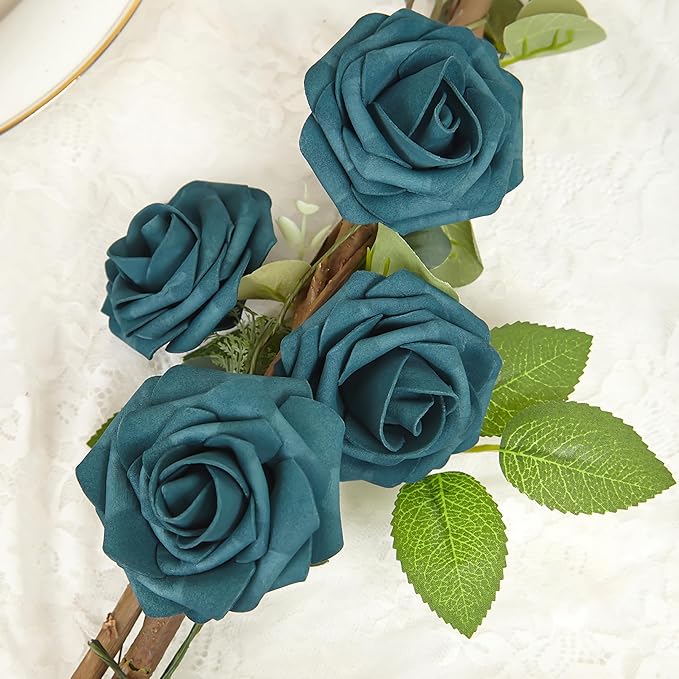 Artificial Flowers, 50pcs Artificial Rose for DIY Wedding Bouquets Centerpieces Arrangements, Dark Teal Fake Rose with Stems for Birthday Bridal Shower Graduation Events Decoration