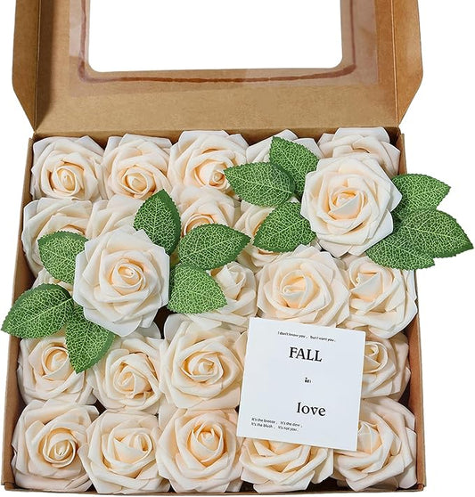 Meldel Artificial Flower 25pcs Real Touch Champagne Rose Fake Foam Roses with Stems for DIY Wedding Bouquets Gifts Bridal Shower Faux Floral Centerpieces Arrangements Home Party Tables Decorations