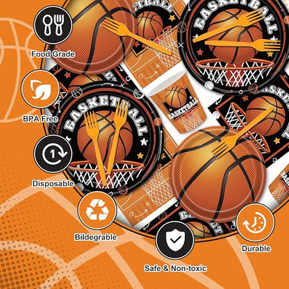 123 PCS Basketball Party Decorations, Disposable Tableware with Plates Cups Napkins Banner Tablecloth for Thanksgiving Christmas Basketball Birthday Party Decor Supplies, Serves 24 Guest