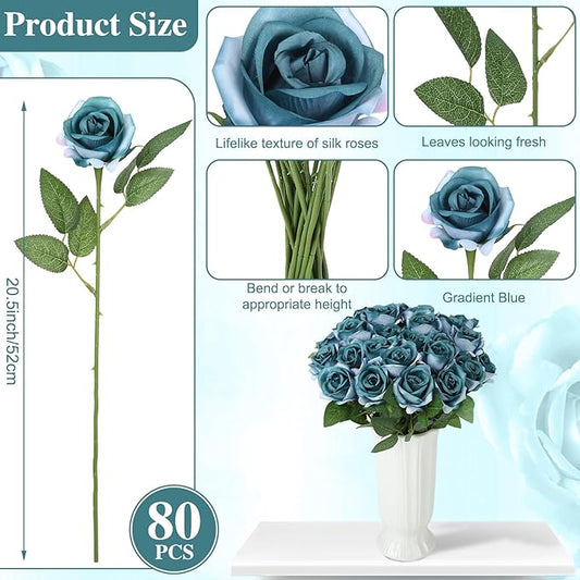 80 Pcs Roses Artificial Flowers, Silk Gradient Blue-Green Artificial Flowers Petals Long Stem Roses for Wedding Bouquet Home Party Decor