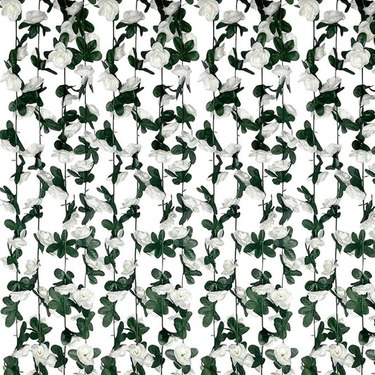 8Pcs 63Ft White Rose Garland, Fake Rose Hanging Flowers, Artificial Flower Vine, Hanging Floral Vine Garland for Wedding, Birthday Party, Wall Arch, Halloween, Christmas Garden Backdrop Decor