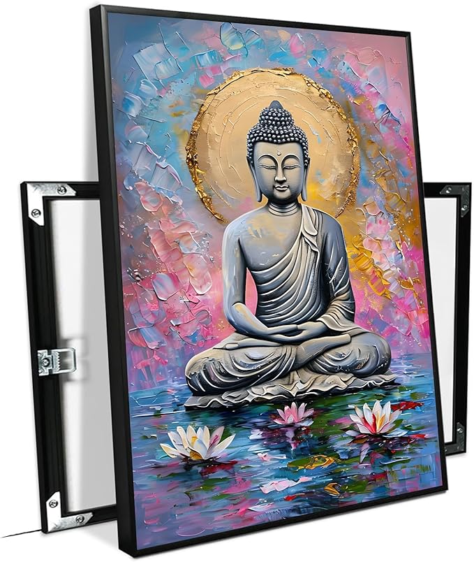 Lotus and golden Buddha meditation tranquil zen wall art mindfulness wall art for spiritual harmony and tranquility decor 20x30in Metal blackFramed