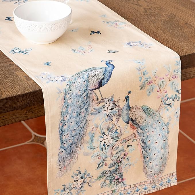 Maison d' Hermine Tablerunners 100% Combed Cotton Premium Table Runner Decorative Table Cover, Home, Kitchen, Dining, Peacock Utopia - Sandy Beach, Double Layer - (14.5"x108")