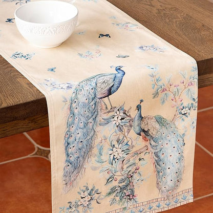 Maison d' Hermine Tablerunners 100% Combed Cotton Premium Table Runner Decorative Table Cover, Home, Kitchen, Dining, Peacock Utopia - Sandy Beach, Double Layer - (14.5"x108")