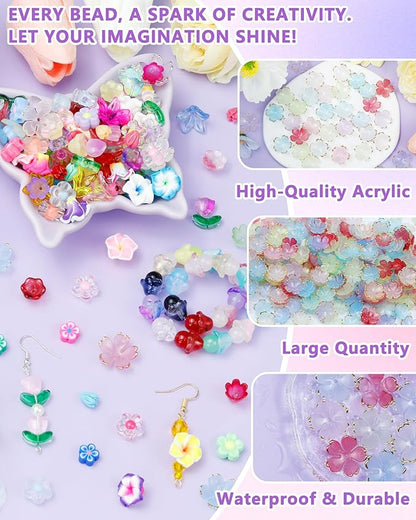 FIVEIZERO 300PCS Acrylic Cherry Blossom Flower Beads, 8 Colors Sakura Floral Bead Caps Charms for Bracelets, Necklaces & DIY Jewelry Making