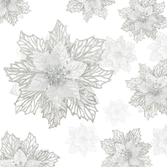 Geosar 24 Pieces Christmas Glitter Poinsettia Flowers Layered Artificial Xmas Flowers Wedding Christmas Tree New Year Ornaments 3/4/6 Inch(Silver)