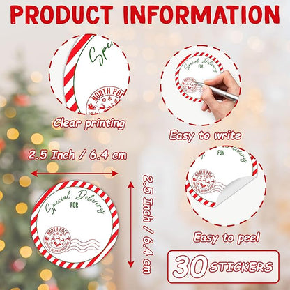 Christmas Gifts Tags Stickers from Santa, 30 Pcs North Pole Christmas Name Tags for Gifts, 2.5x2.5 Inch Holiday Presents Sticker Labels, Festive Chrismas Name Tag for Gift Wrapping Bags-D08