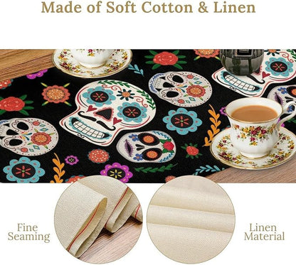 Gothic Skull Table Runner,Vintage Style Colourful Table Runner for Home Kitchen Table Dining Garden Farmhouse Wedding Party Decor 13x60 Inch