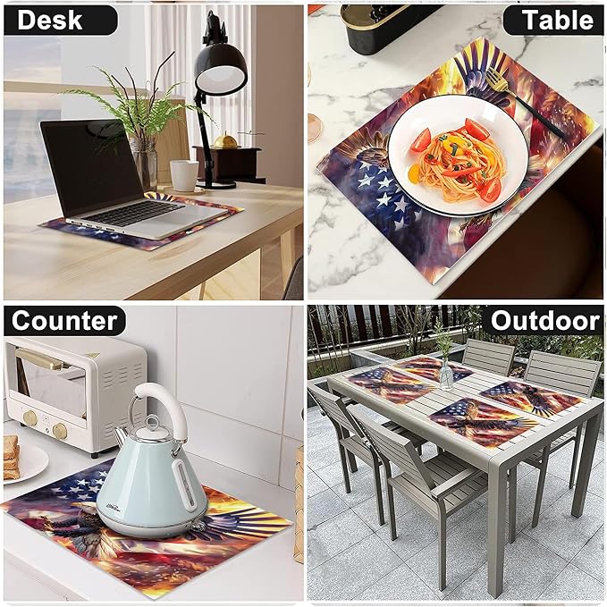 American Flag Placemats Set of 6 Washable Table Bald Eagle Heat-Resistant Cotton Linen Place Mats for Dining Table Kitchen Indoor Outdoor Party Holiday Decor