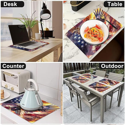 American Flag Placemats Set of 4 Washable Table Bald Eagle Heat-Resistant Cotton Linen Place Mats for Dining Table Kitchen Indoor Outdoor Party Holiday Decor