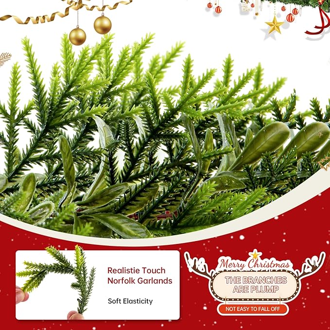 6FT Christmas Garland – Artificial Norfolk Pine Olive Garland with Red Berries, Pinecones & 20 Warm LED Timer Lights – Holiday Garland for Home, Wedding, Party Decorations