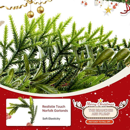 6FT Christmas Garland – Artificial Norfolk Pine Olive Garland with Red Berries, Pinecones & 20 Warm LED Timer Lights – Holiday Garland for Home, Wedding, Party Decorations