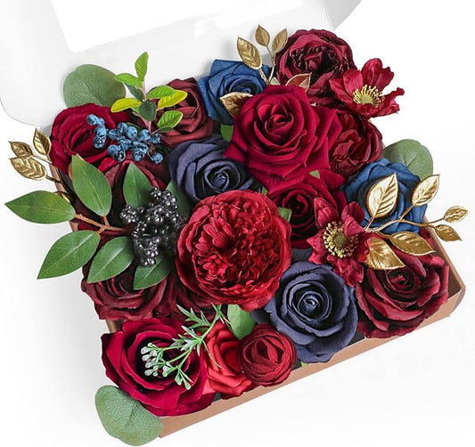 ponatia Artificial Flowers Wedding Flowers Combo for Silk Fake Flowers Roses for DIY Wedding Bouquets Burgundy Centerpieces Arrangements Party Bridal Baby Shower Home Decorations (Burgundy & Navy)