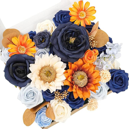 TINGE TIME Artificial Flowers Burnt Orange & Navy Blue Flower Combo for DIY Wedding Bouquets Table Centerpieces Arrangements Party Baby Shower Home Fall Decorations