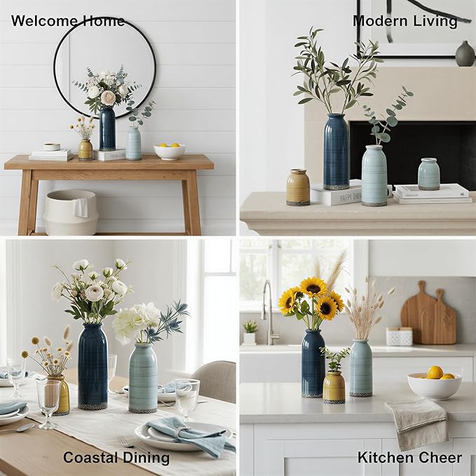Ceramic Vase Set of 3, Farmhouse Rustic Decorative Vase for Home Decor, Modern Glazed Vase, Table Centerpiece for Living Room, Shelf, Bedroom, Kitchen (Colorful Cracks)