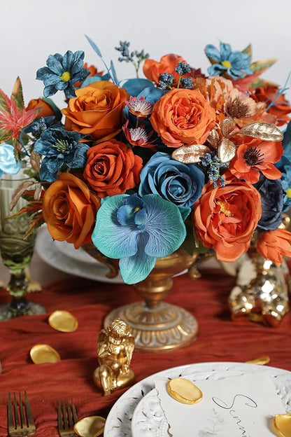 Fall Orange Artificial Flowers Roses Fake Flowers with Stems Blue Orange Artificial Flowers for DIY Bridal Bouquets Faux Flowers Centerpieces for Table Home Decor