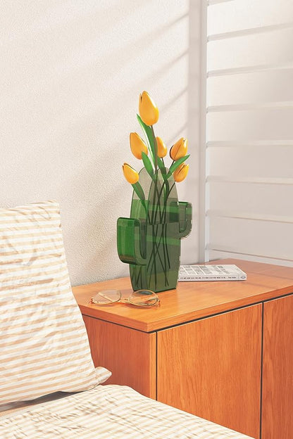 Flower Vase Cactus Shape Acrylic Vase Home Decor Gifts, Home Modern Decorative Flower Vase for Living Room, Dining Table, Entryway, Shelf, Wedding, Office (Green)