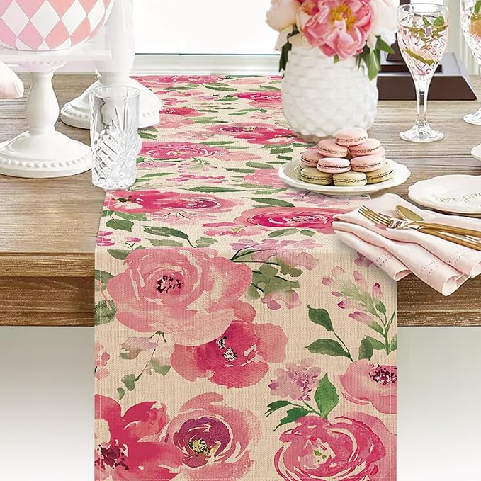 Seliem Spring Summer Watercolor Flower Table Runner, Pink Peony Floral Kitchen Dining Table Decor, Seasonal Burlap Home Decoration Indoor Outdoor Party Supply 13 x 90 Inches