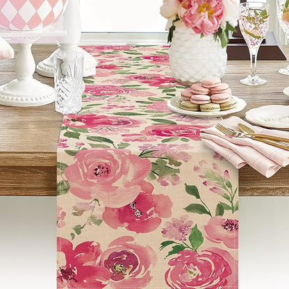 Seliem Spring Summer Watercolor Flower Table Runner, Pink Peony Floral Kitchen Dining Table Decor, Seasonal Burlap Home Decoration Indoor Outdoor Party Supply 13 x 72 Inches
