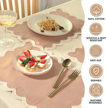 Folkulture Placemats Set of 4 | (13 x 19) 100% Cotton Rustic Place Mats | Heat Resistant Table Mats for Dining Table Decor | Boho Placemats, Scalloped Kitchen Mats or Table Placemats (Sand)