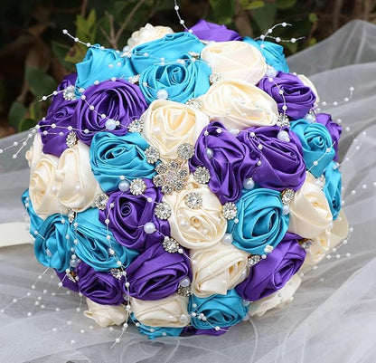 Bridal Wedding Bouquet Round Bling Brooch Bouquet Throw Toss Artificial Rose Flower Bunch for Bride Bridesmaid Wedding Quinceanera(Teal Blue, Purple & Cream, 9.8")