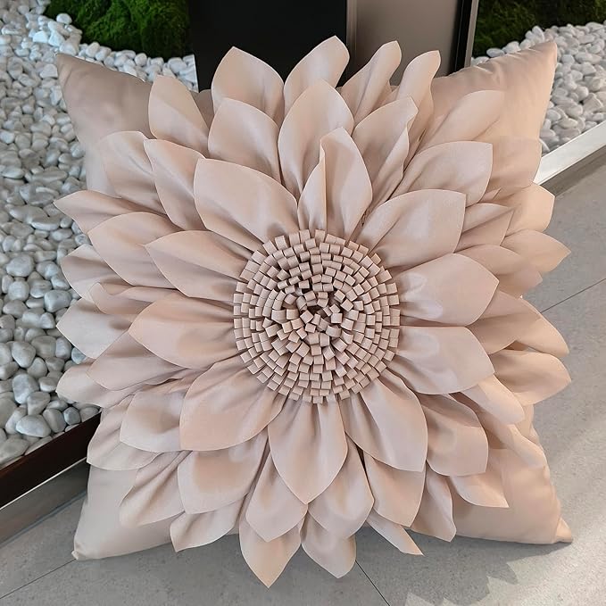 Bella's Giftshop 3D Sunflower Decorative Throw Pillow Covers for Bed Sofa Couch Car, Accent Floral Taffeta Cushion Cover, Handmade Pillow Cases Living Room Decor, 17x17 Inch-Beige/Taupe