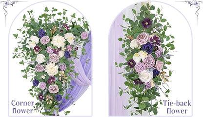 Ting's time Wedding Arch Flowers Kit (Set of 5) 2 Pcs Purple Artificial Flower Arrangement 3 Pcs Arch Draping Fabric for Wedding Ceremony Arbor and Reception Backdrop Decoration(Lilac&White)
