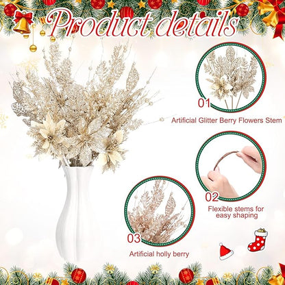 18 Pack 3 Styles 17 Inch Christmas Glitter Poinsettia Berry Stems Ornaments Artificial Floral Branches Picks for Christmas Tree Home Vase Holiday Party Decor(Champagne)