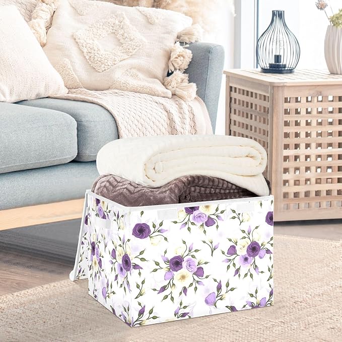 Flower Baskets Collapsible Storage Bins with Lids, Purple Green Rose Flower Storage Boxes Clothes Baskets for Organizing