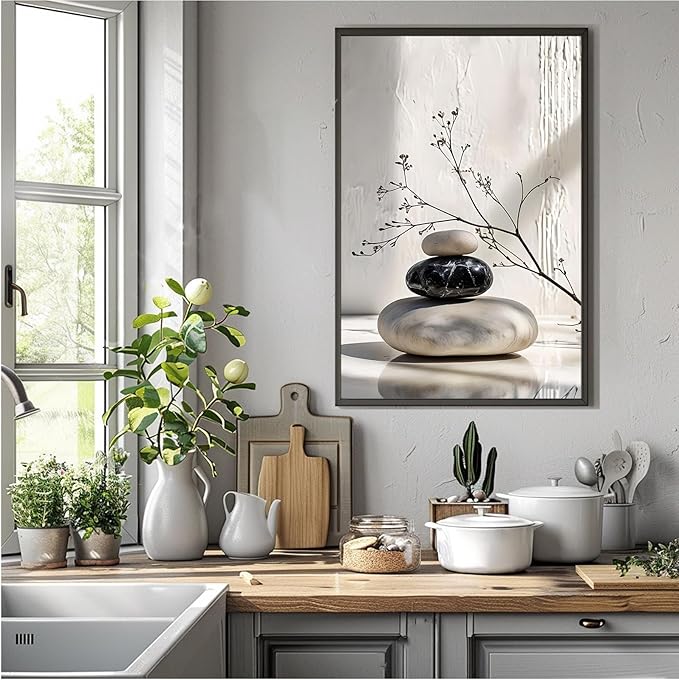 Gray and black stone pile and dried flowers poster canvas wall art in harmony Minimalist wall art for tranquil homes and mindful spaces 12x18in Metal blackFramed