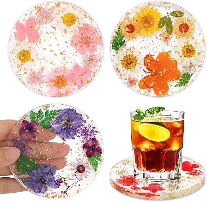 Flower Coasters, Tumwisk 4Pcs Dried Flower Drink Coasters,Women Coffee Table Dining Table Desk Aesthetic Coaster Set Natural Floral Coaster Home Decoration Housewarming Present (Multicolor)