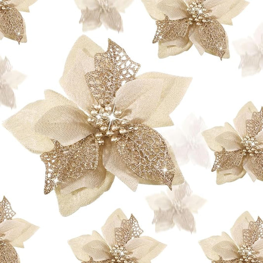 Boao 24 Pieces Christmas Artificial Glitter Poinsettia Flowers Xmas Flowers Wedding Christmas Tree New Year Ornaments(Champagne)