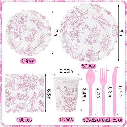 Havawish 400 Pcs Pink Floral Party Plates Disposable Tableware Set for 50 Guest Spring Flower Paper Plates Tea Party Scalloped Plates Napkins Cups for Wedding Party Baby Bridal Shower