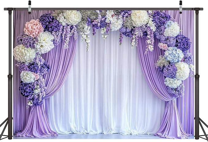 8 x 6 ft Flower Photo Backdrop Floral Purple Photography Background White Curtain Spring Wedding Baby Shower Girl Princess Birthday Party Supplies Photo Studio Props
