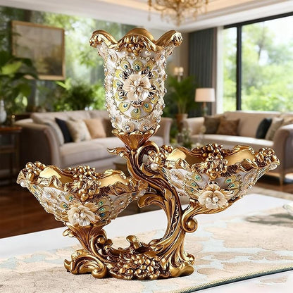 Elegant Large Flower Vases with 2 Tiered Fruit Bowl for Kitchen Counter, Resin Fruit Basket Plate for Snack, Candy Storage(White & Gold)
