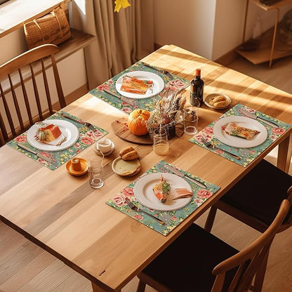 Placemats-Vintage Rose Floral Linen Table Place Mats Set of 4 Non-Slip Heat Resistant Table Mats for Dining Kitchen Cabin Decor 12x18 Inch