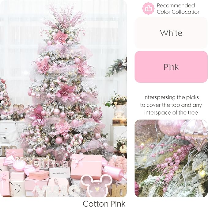 Sea Team 24-Pack Artificial Glitter Berry Stem Ornaments, Decorative Bead Sticks, Glittery Twigs, Picks, Branches for Christmas Tree, Small Vase, Holiday, Wedding, Party (17 Inches, Pink)