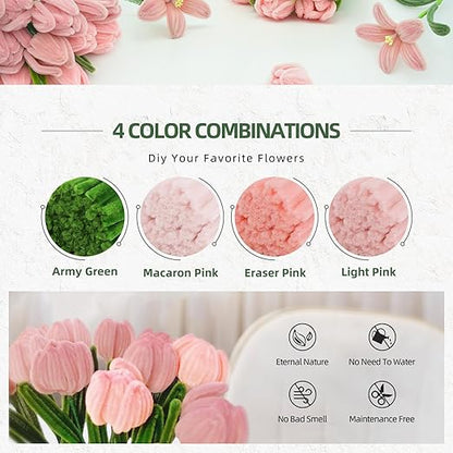 400 Pcs Pipe Cleaners Craft Kit, Pipe Cleaners Bulk Multicolors, Chenille Stems for DIY Flower Bouquet Making Kit with Tape, Floral Wires,Stamen & Ribbon, Pearls, Wrapping Paper(Pink)