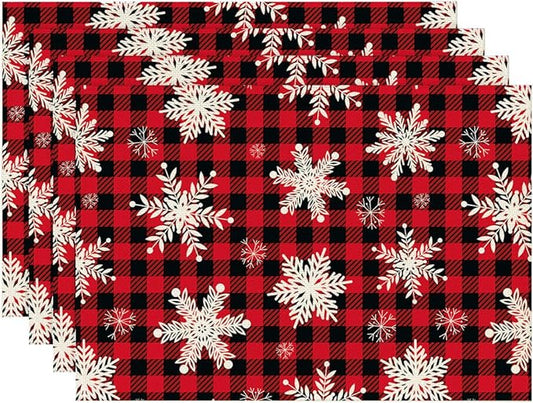 Christmas Snowflakes Placemats Set of 4 Buffalo Plaid Place Mats Washable Table Dinner Mats Linen Table Mats for Kitchen Dining Party Home Kitchen Decor 12x18 Inch