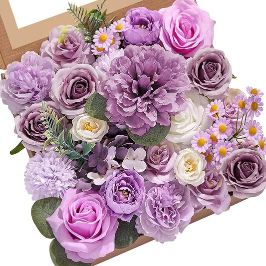 Serwalin Artificial Flowers Silk Flowers Wedding Cake Flowers Purple Fake Flowers Box Set for DIY Wedding Bouquets Table Centerpieces Arrangements Baby Shower Home Decor